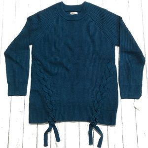 Fever Lace Up Side Braids Sweater with Bottom Ties